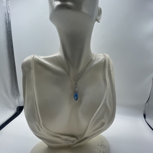 925 Sterling Silver Chain With 925 CZ Aqua Blue Stone Pendant New - Picture 3 of 9